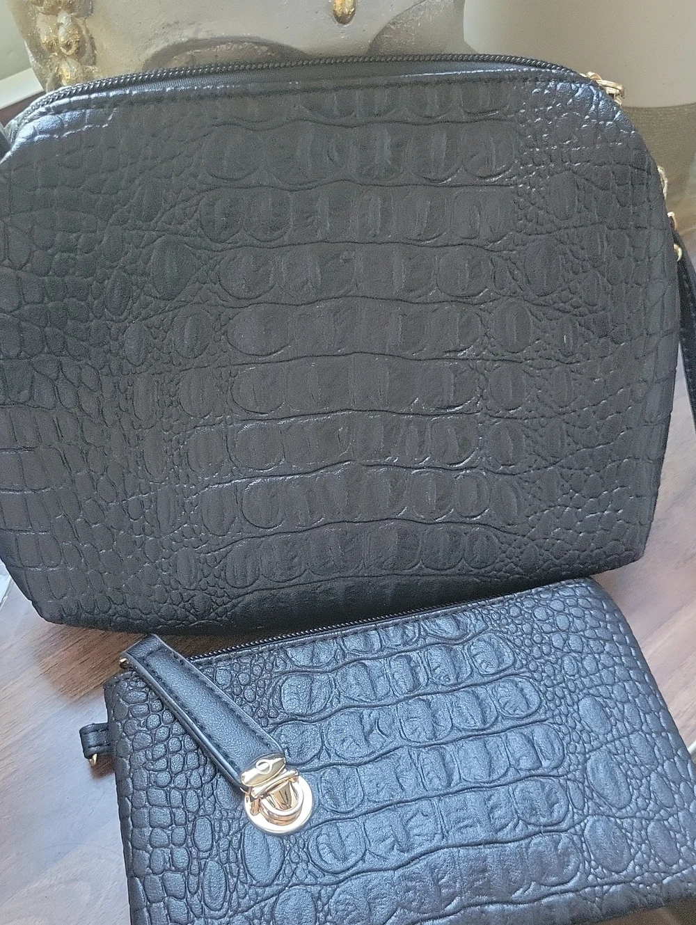 Black Croc-Embossed Cosmetic Bag Set